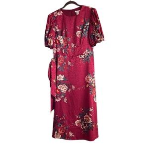 London Times Floral Midi Dress Puff Sleeve Tie Waist Pink Size 10